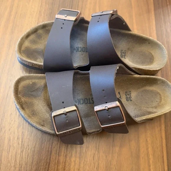 Birkenstock Arizona Dark Brown Birko-Flor Two Strap Sandals Womens 38 L7 M5 - Picture 3 of 6